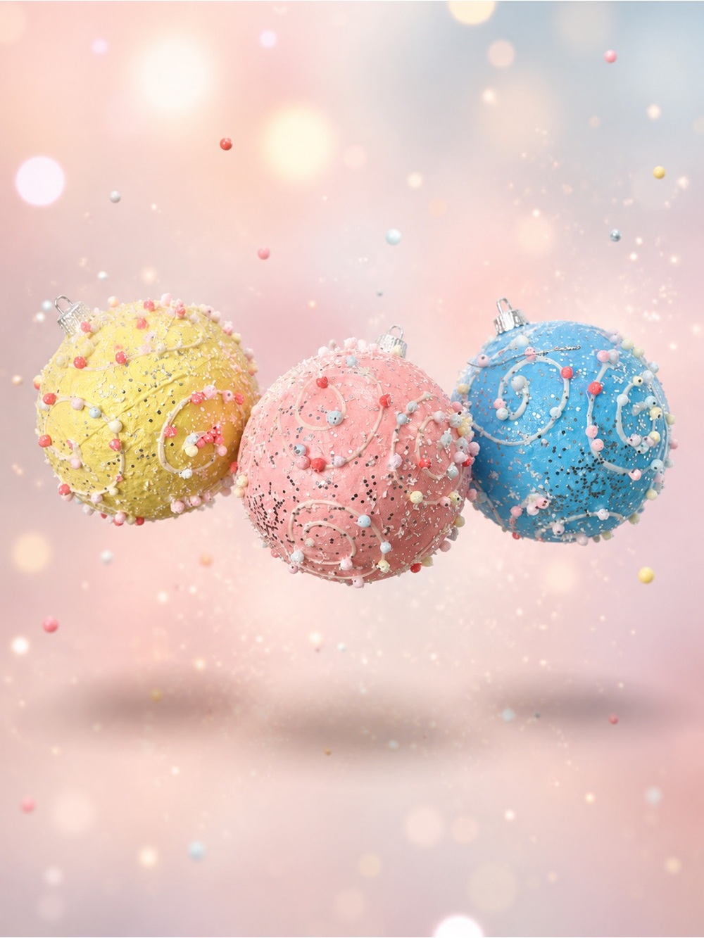 Set of 3 Foam Sprinkle Christmas Wreath Decorations Ornaments Pink Blue Yellow